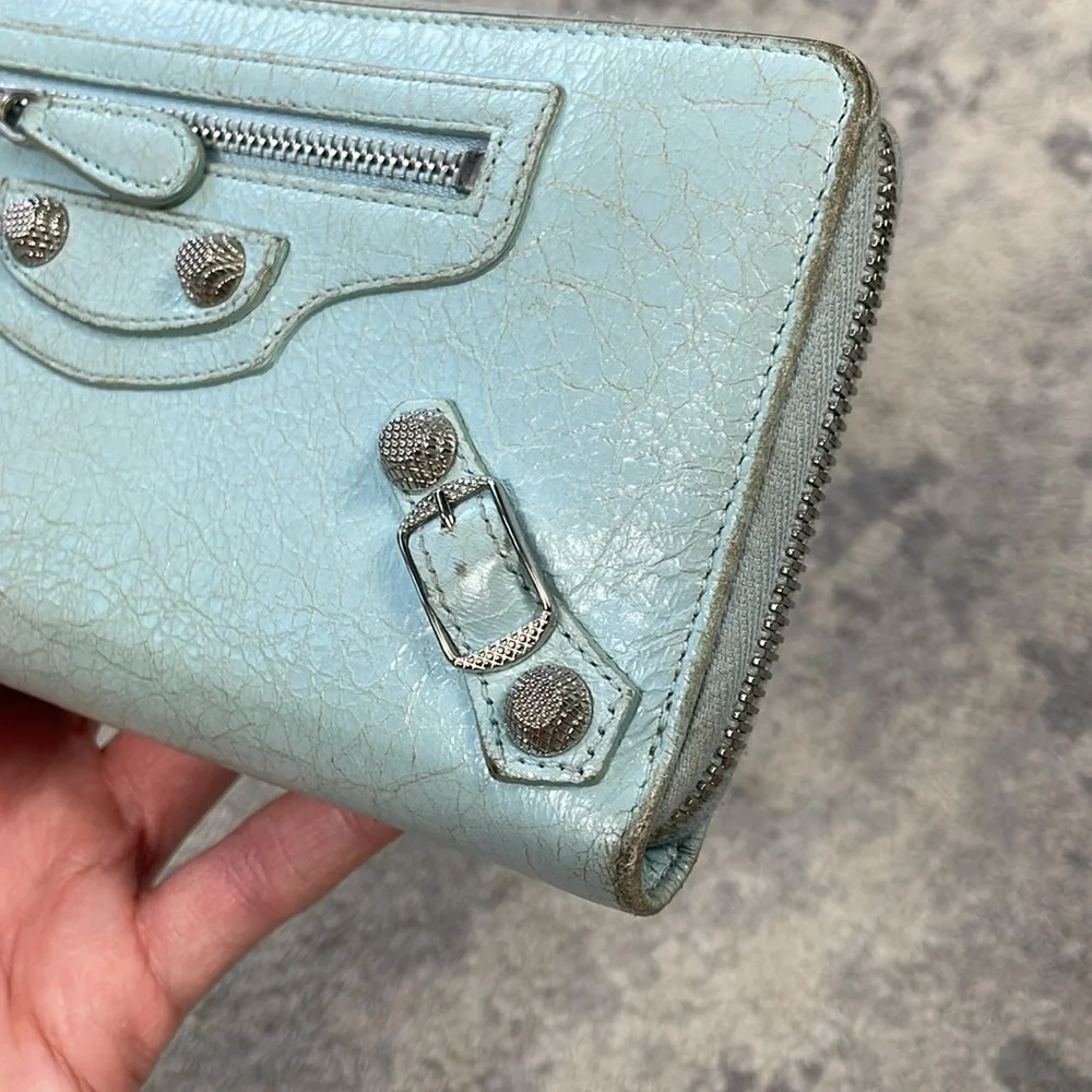 Balenciaga Zip Around Classic Continental Long Wallet Baby Blue Leather